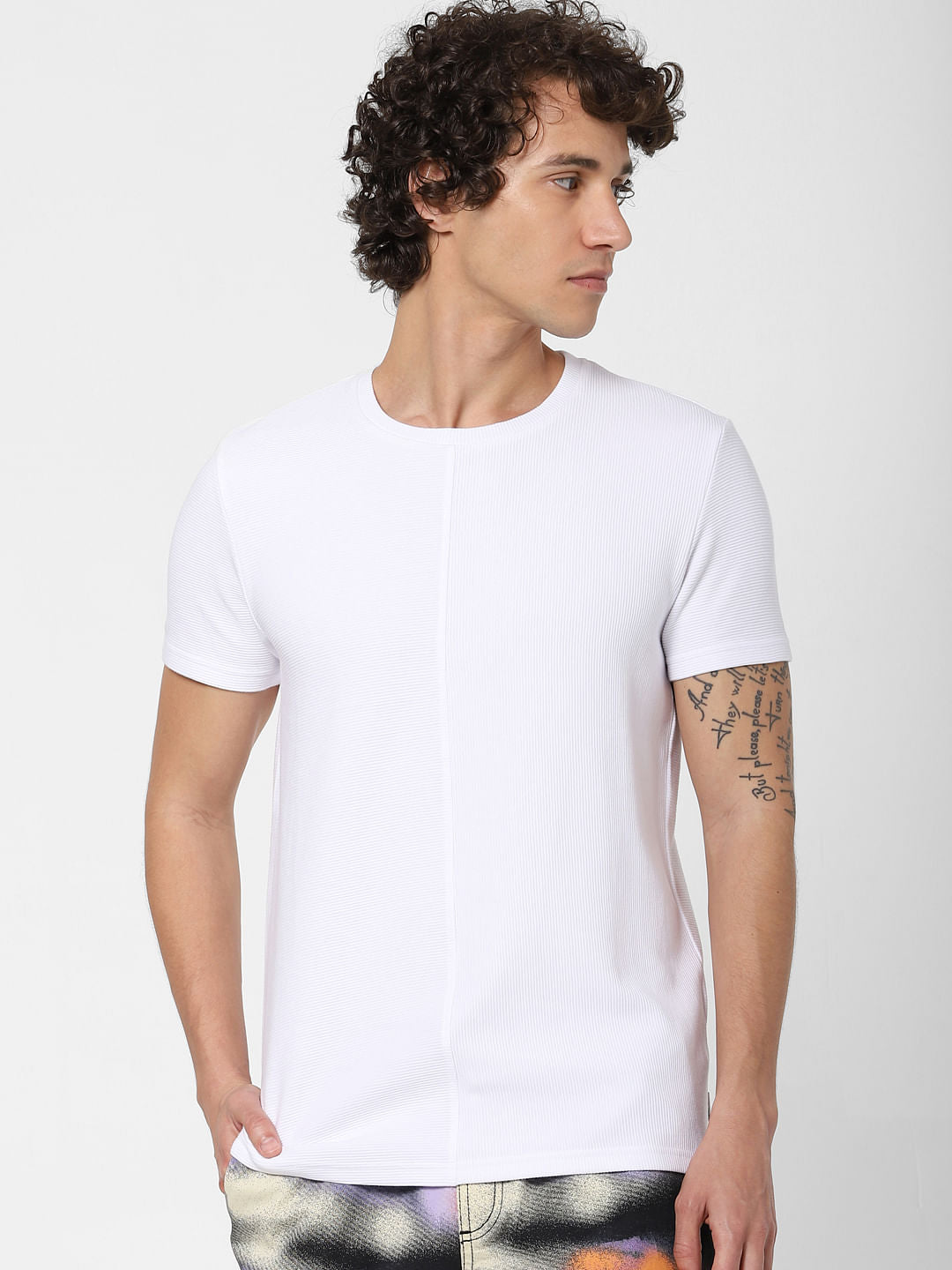 White Textured Crew Neck T-shirt