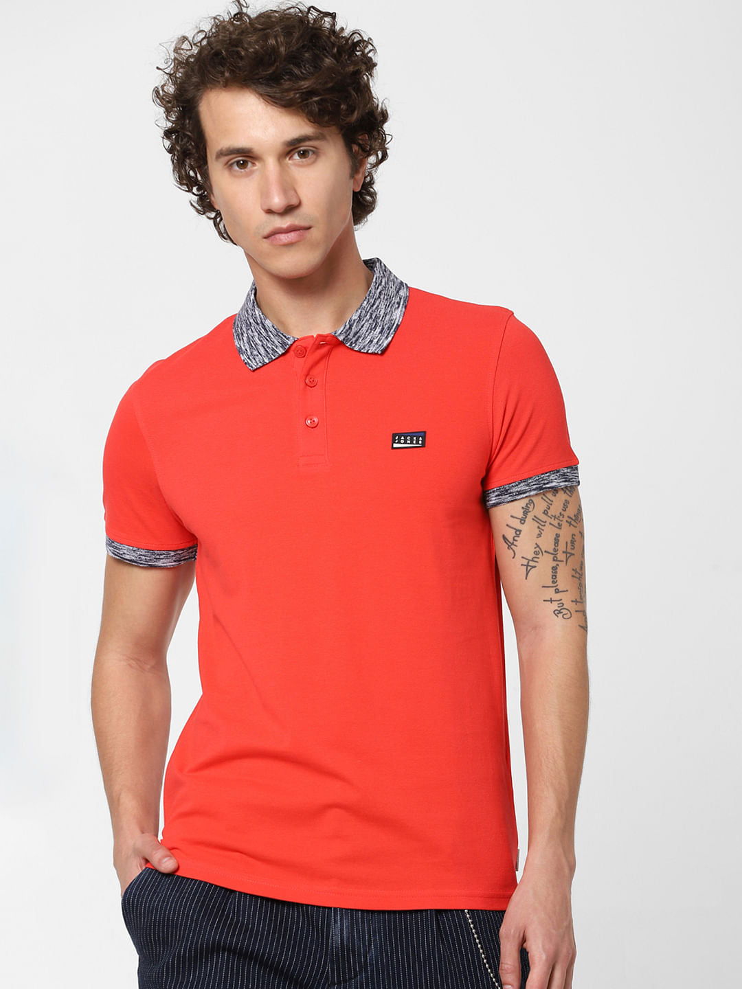 Red Contrast Tipping Polo Neck T-shirt