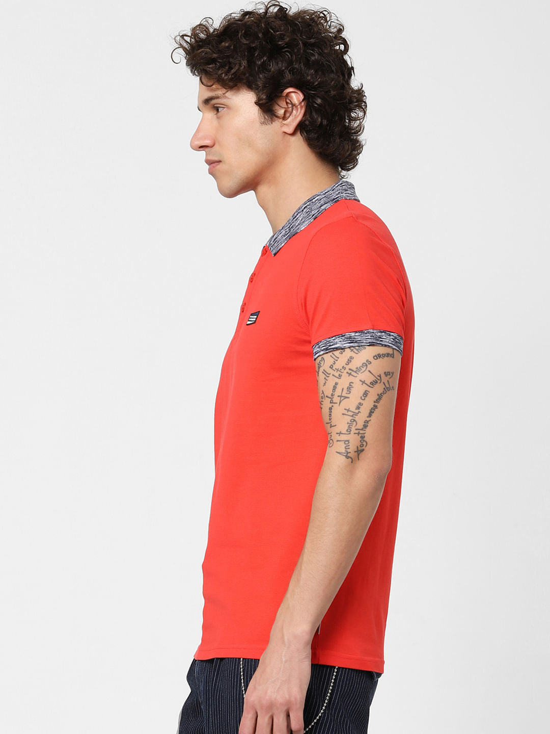 Red Contrast Tipping Polo Neck T-shirt