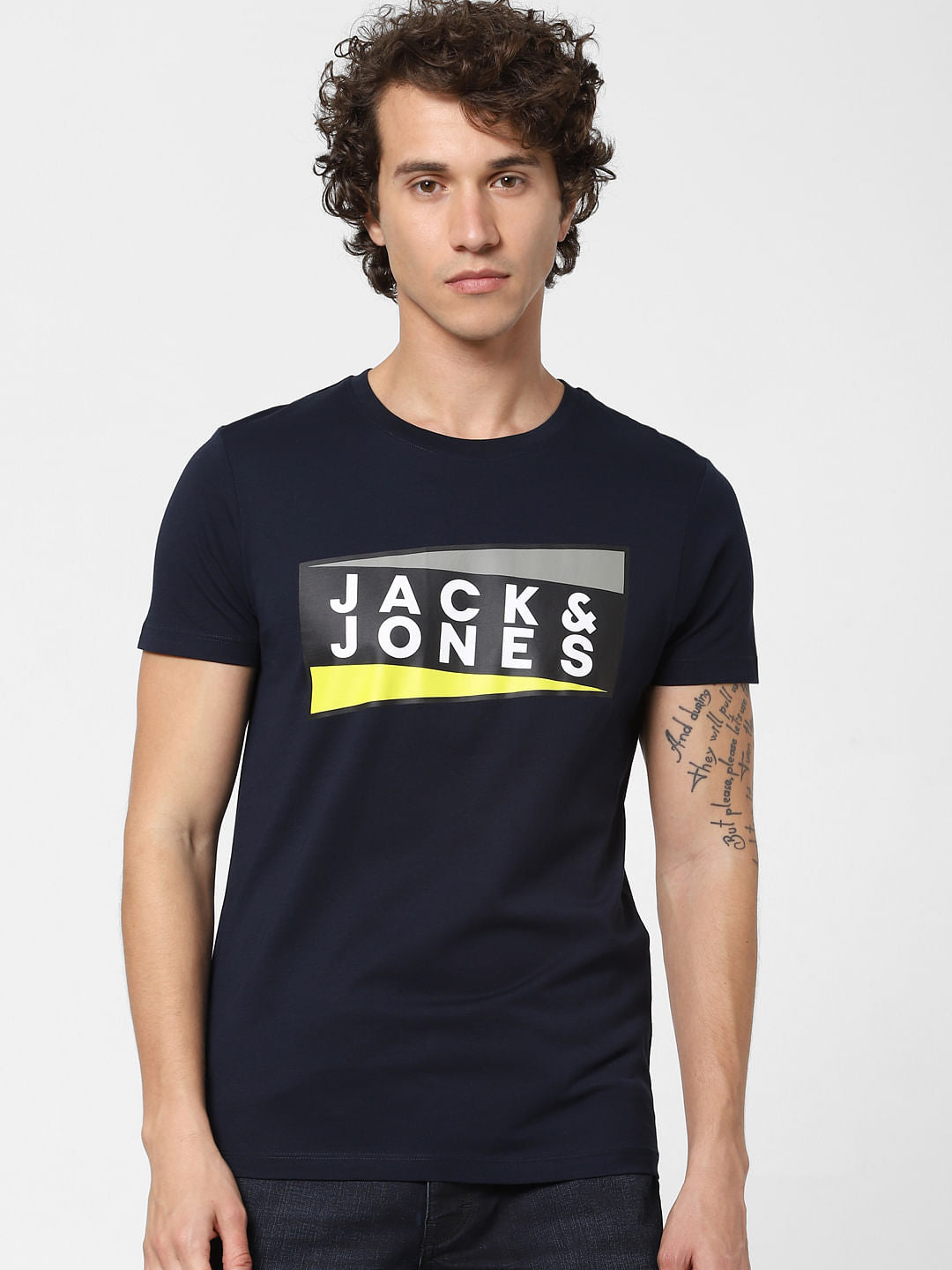 Navy Blue Logo Print Crew Neck T-shirt
