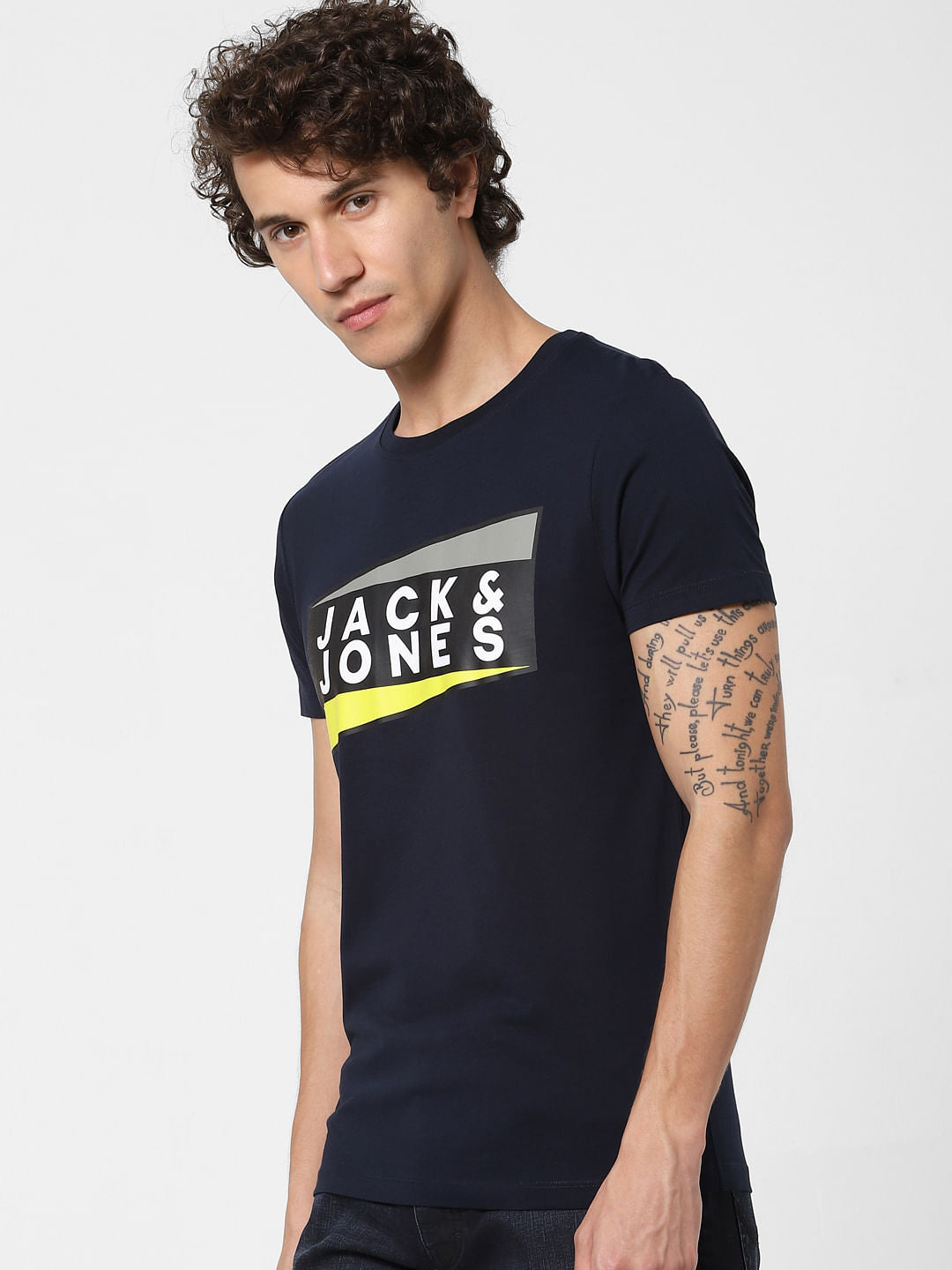 Navy Blue Logo Print Crew Neck T-shirt