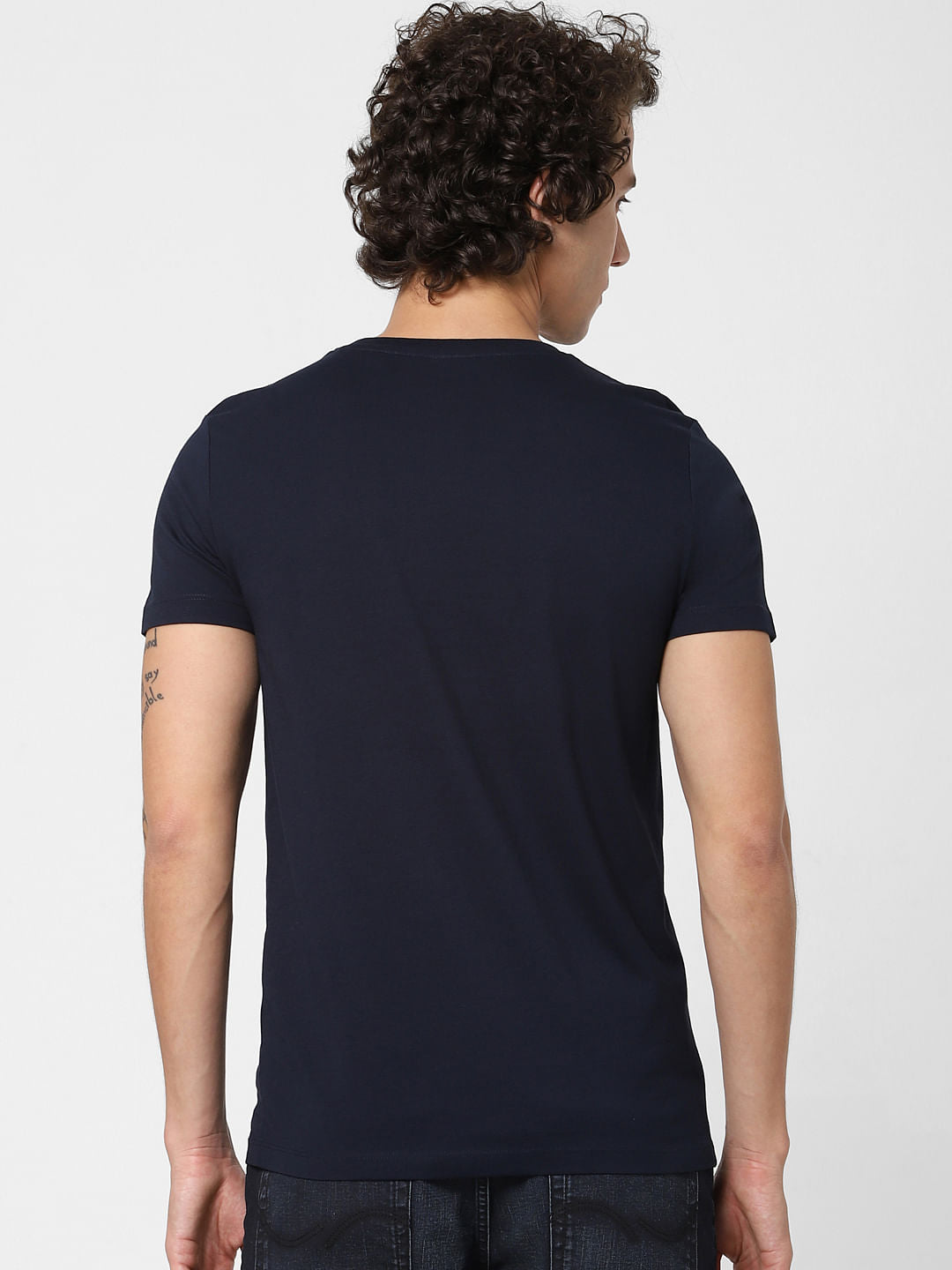 Navy Blue Logo Print Crew Neck T-shirt