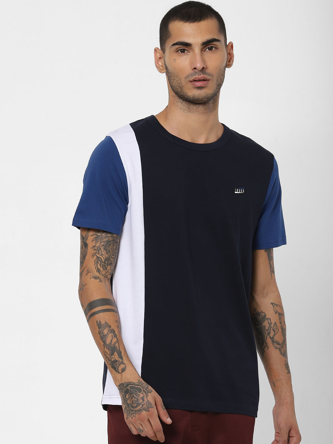 Blue Colourblocked Crew Neck T-shirt