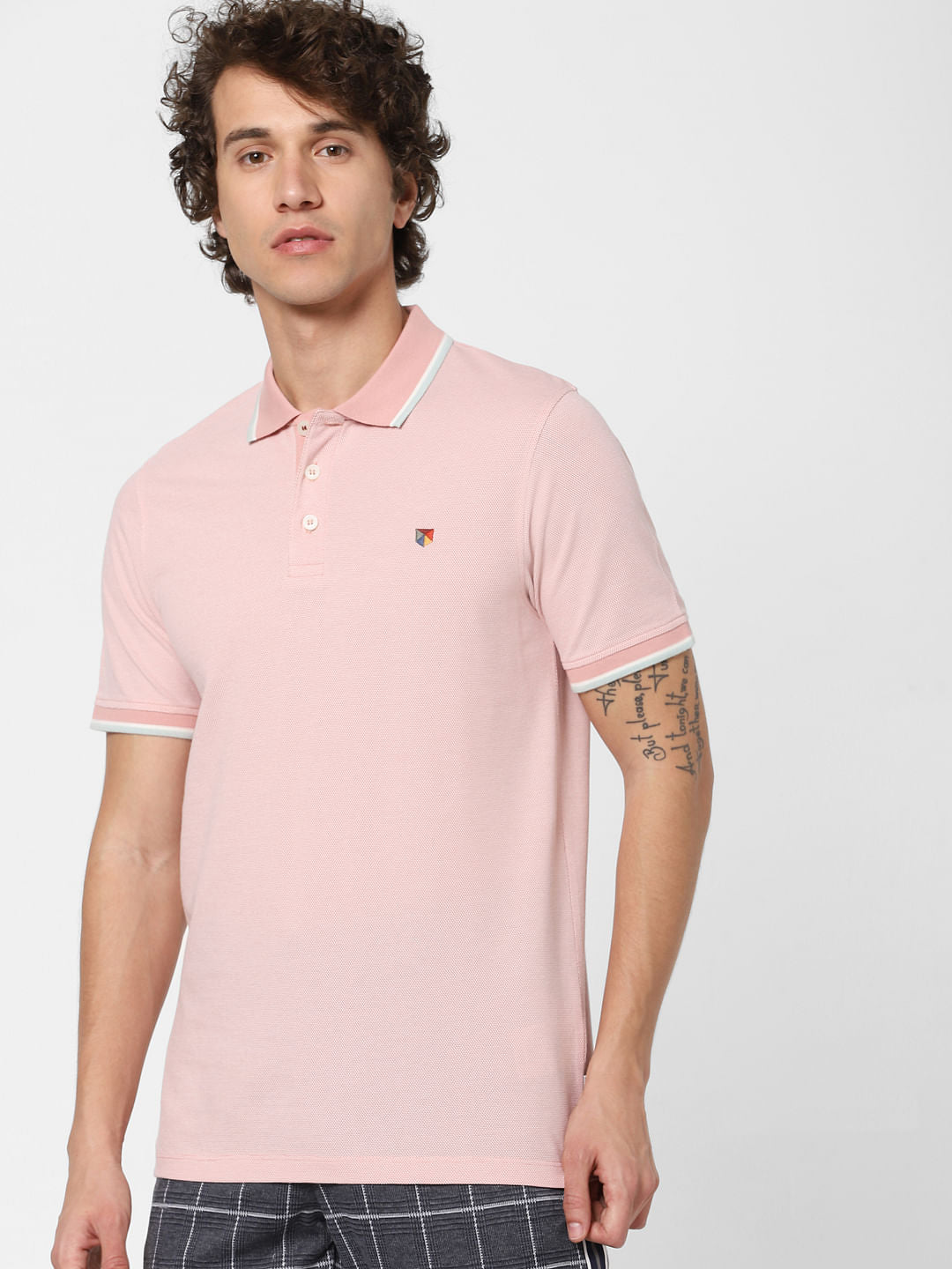 Pink Contrast Tipping Polo Neck T-shirt