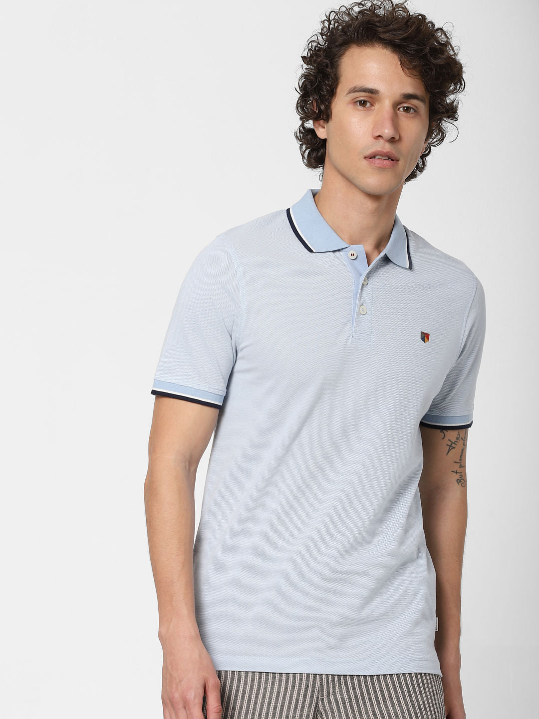 Blue Contrast Tipping Polo Neck T-shirt