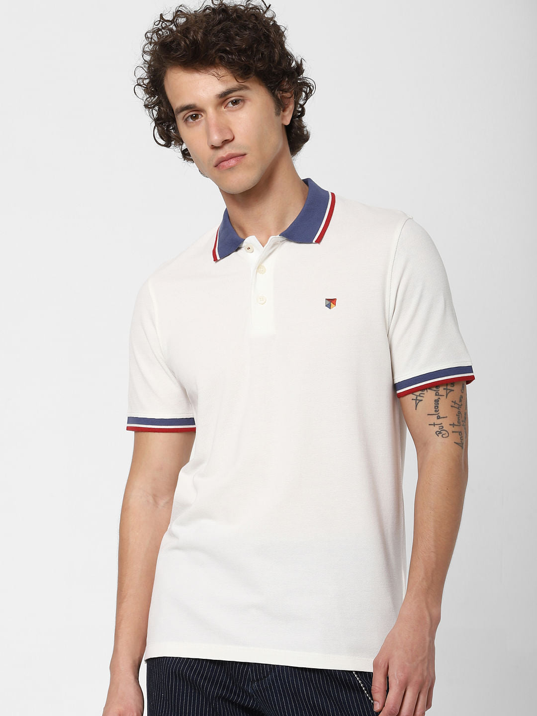 White Contrast Tipping Polo Neck T-shirt