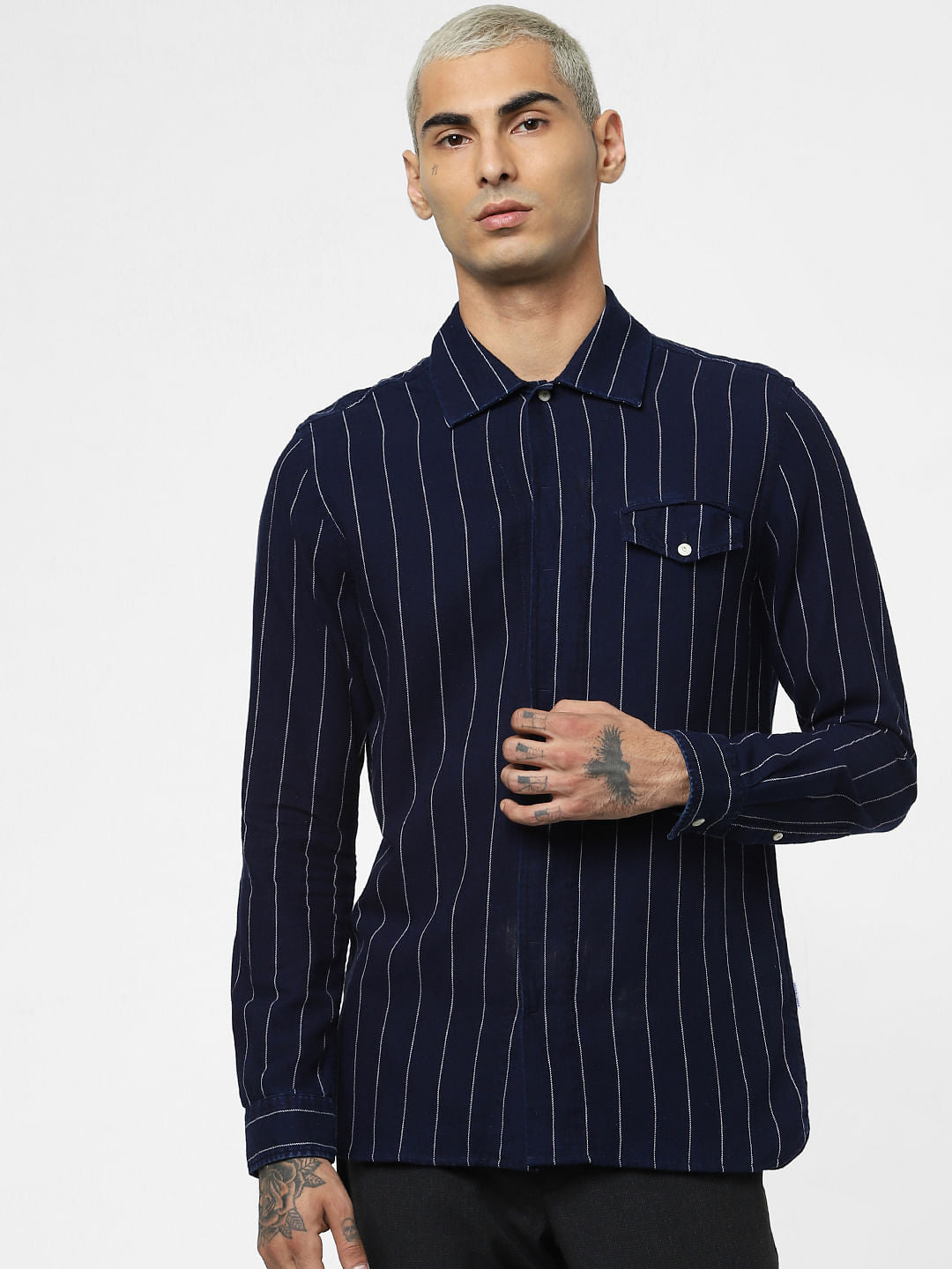 Navy Blue Striped Full Sleeves Shirt