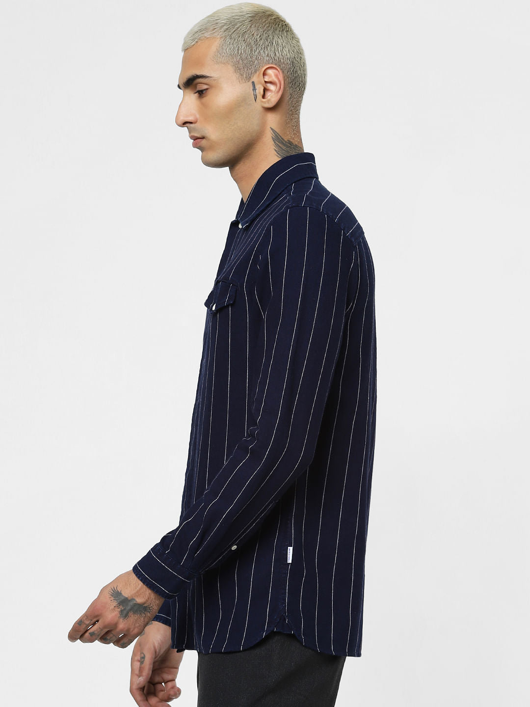 Navy Blue Striped Full Sleeves Shirt