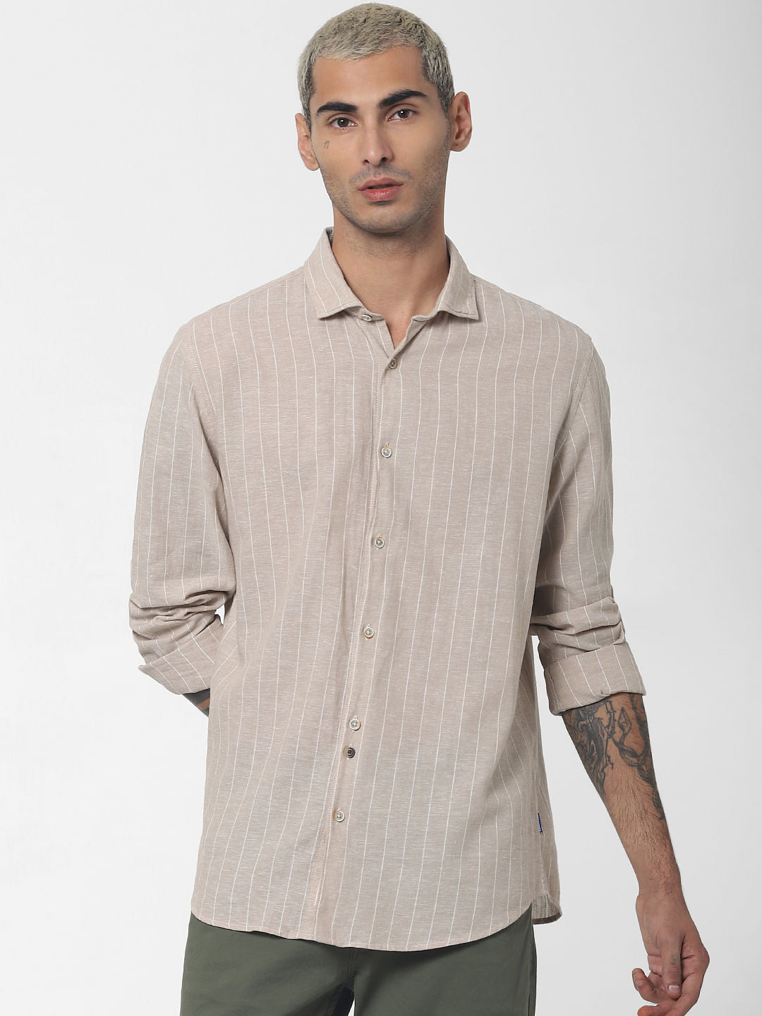 Beige Striped Full Sleeves Shirt