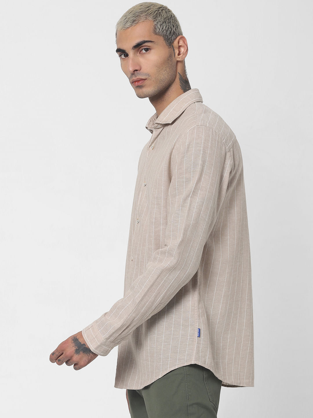 Beige Striped Full Sleeves Shirt