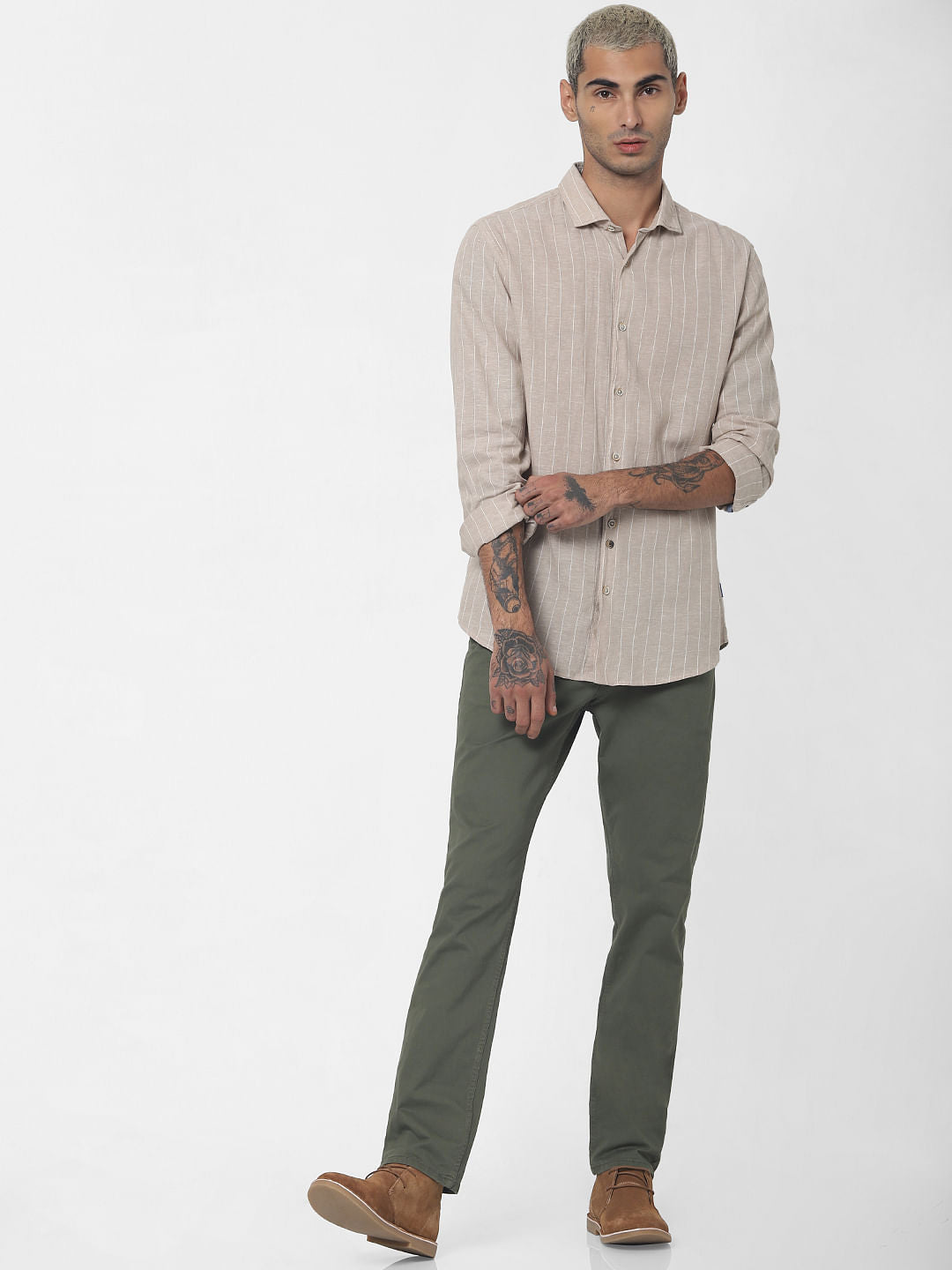 Beige Striped Full Sleeves Shirt