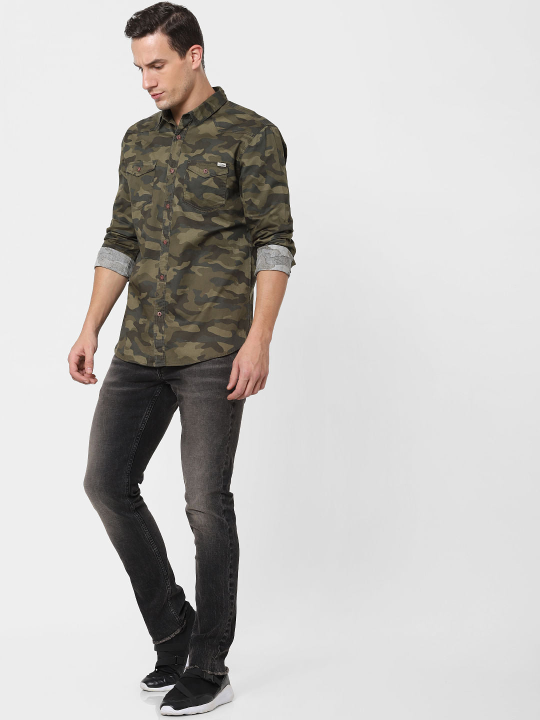 Green Camo Print Full Sleeves Shirt