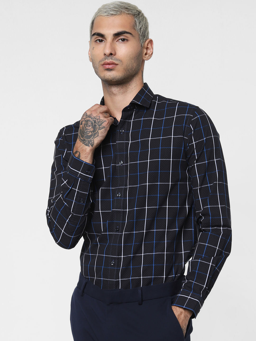 Navy Blue Check Full Sleeves Shirt