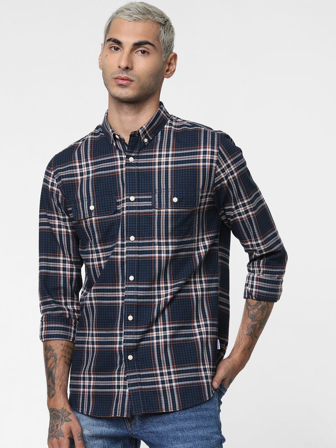 Navy Blue Check Full Sleeves Shirt