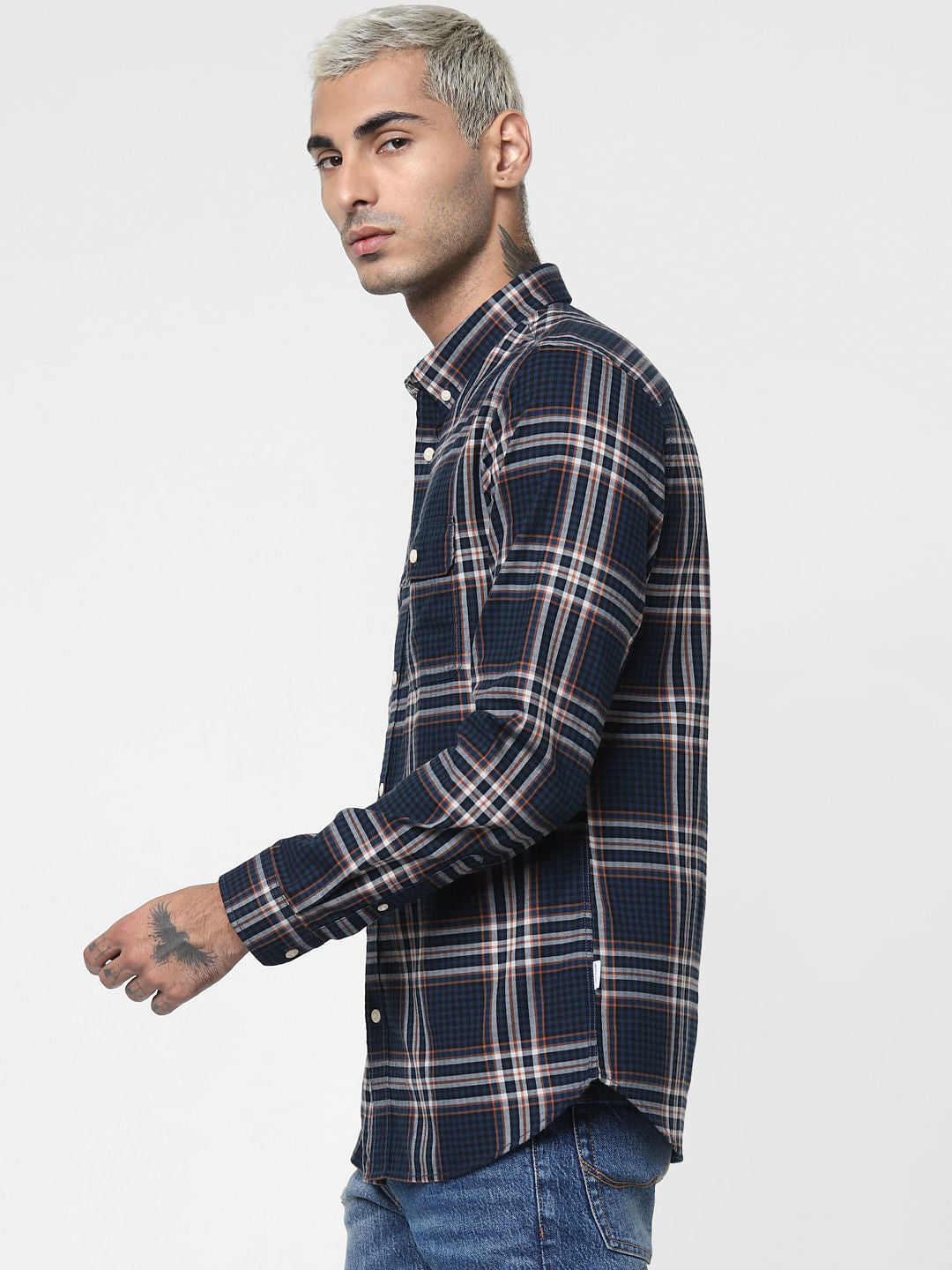 Navy Blue Check Full Sleeves Shirt