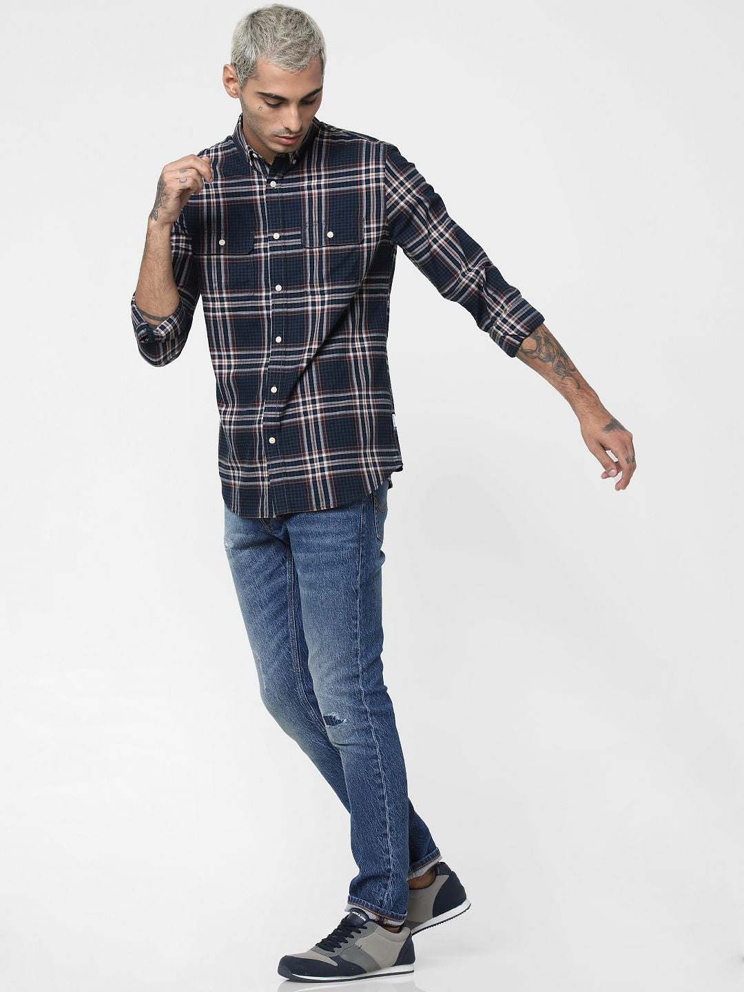Navy Blue Check Full Sleeves Shirt