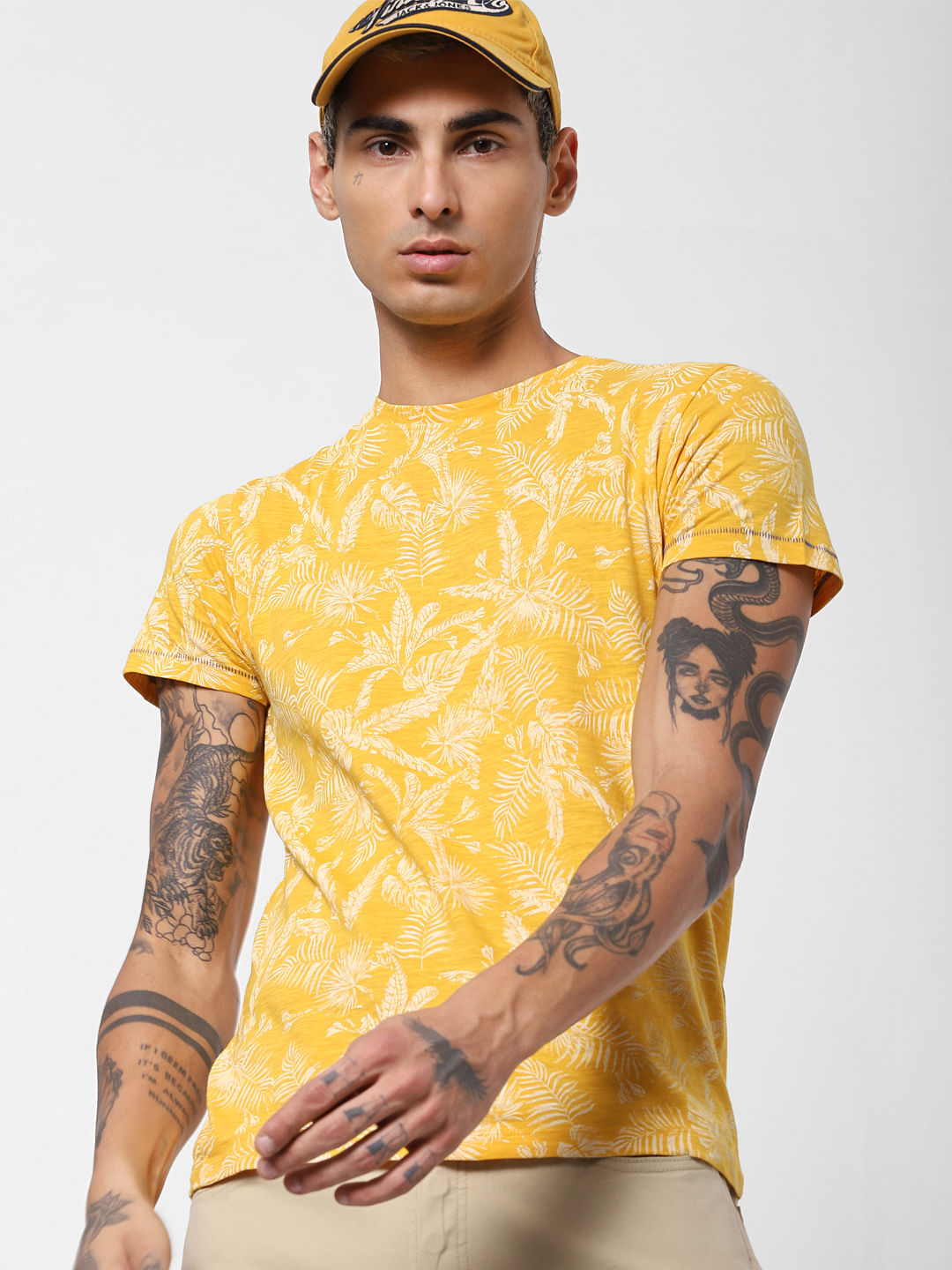 Yellow Tropical Print Crew Neck T-shirt
