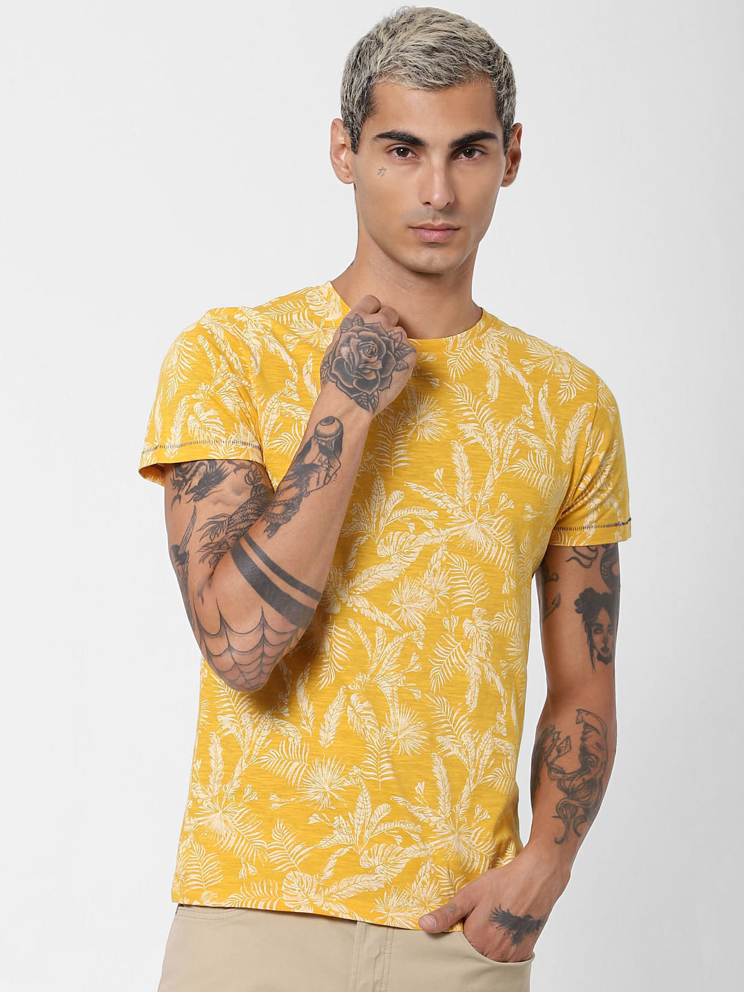 Yellow Tropical Print Crew Neck T-shirt