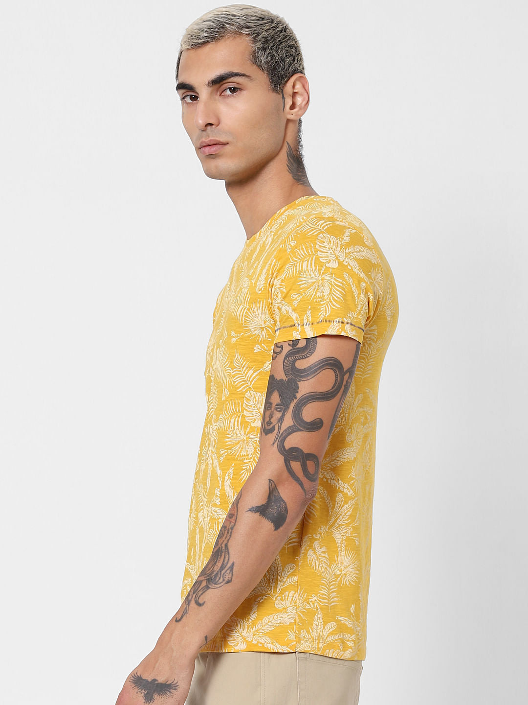 Yellow Tropical Print Crew Neck T-shirt