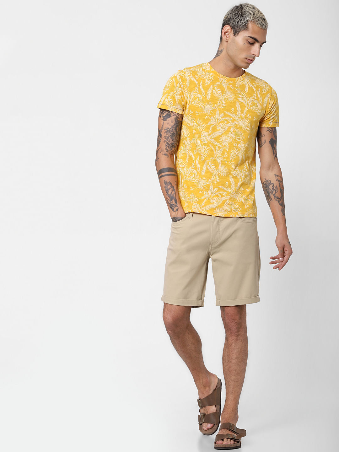 Yellow Tropical Print Crew Neck T-shirt