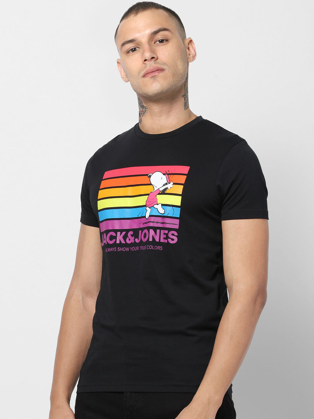 Black Snoopy Print Crew Neck T-shirt