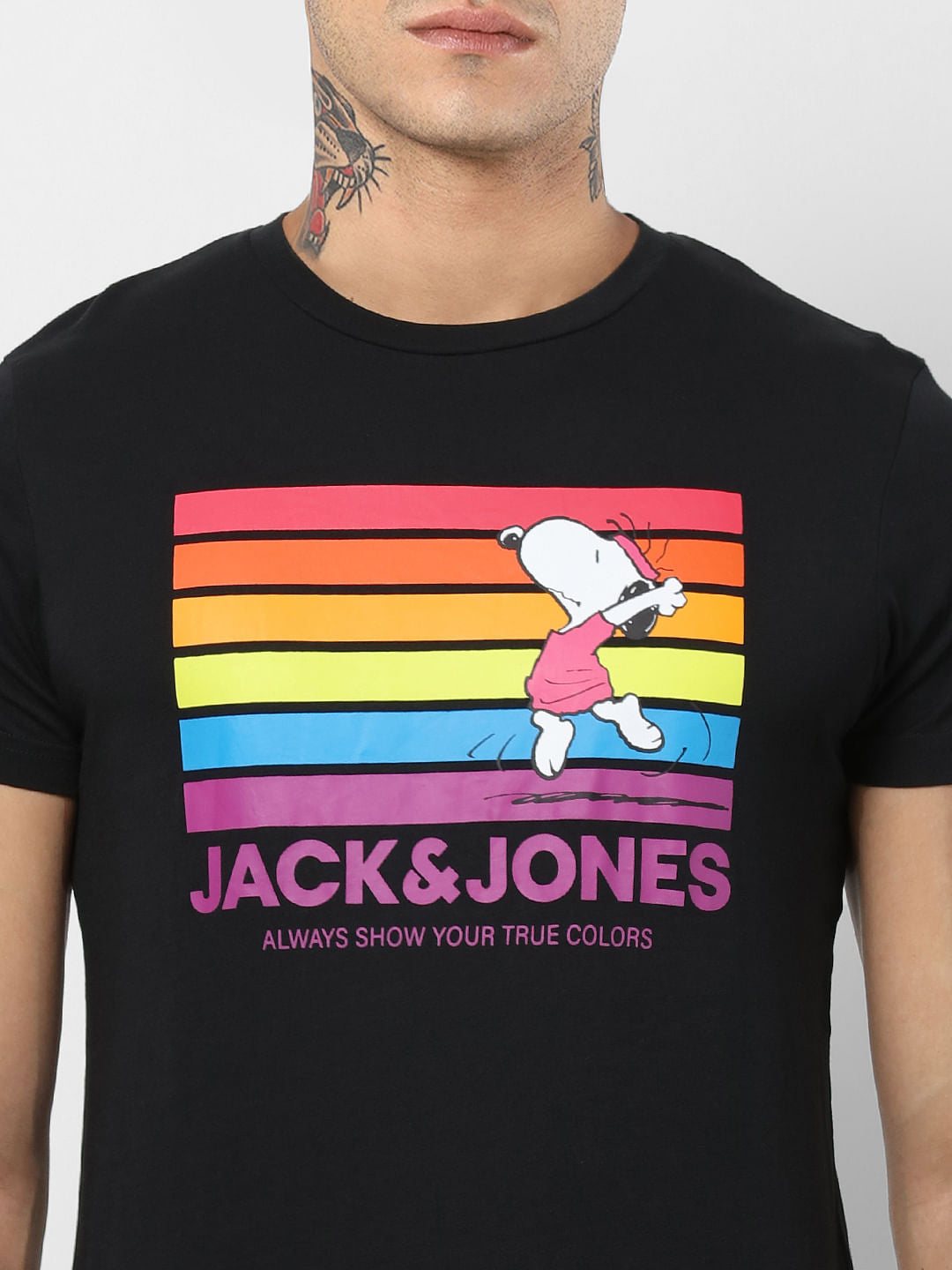 Black Snoopy Print Crew Neck T-shirt