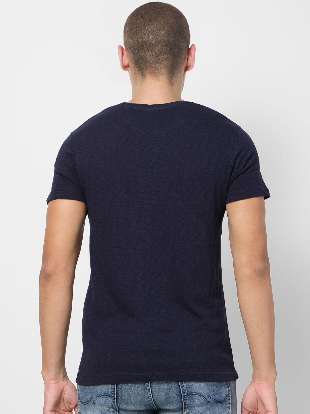 Navy Blue Printed Pocket Crew Neck T-shirt