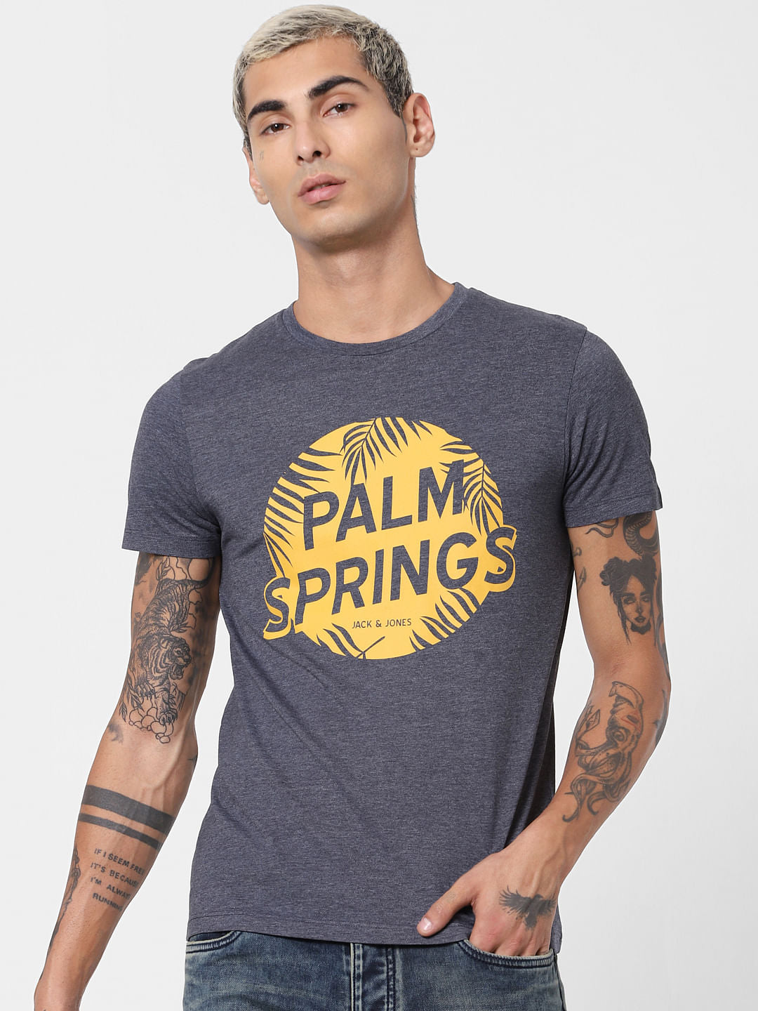 Navy Blue Typographic Print Crew Neck T-shirt