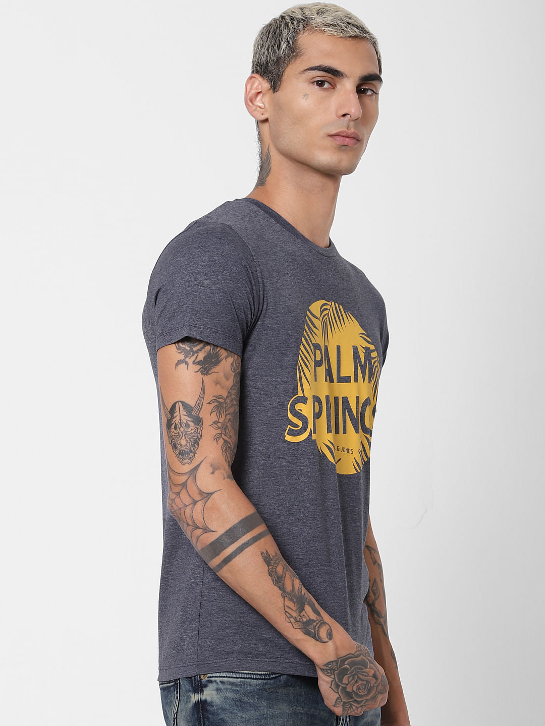Navy Blue Typographic Print Crew Neck T-shirt