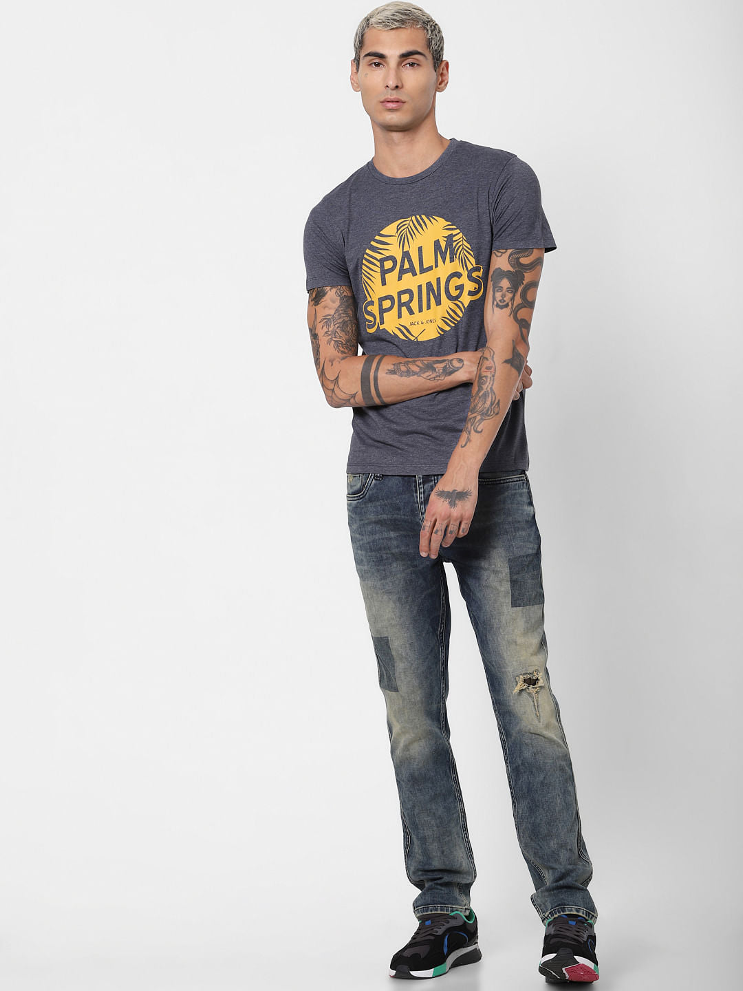 Navy Blue Typographic Print Crew Neck T-shirt