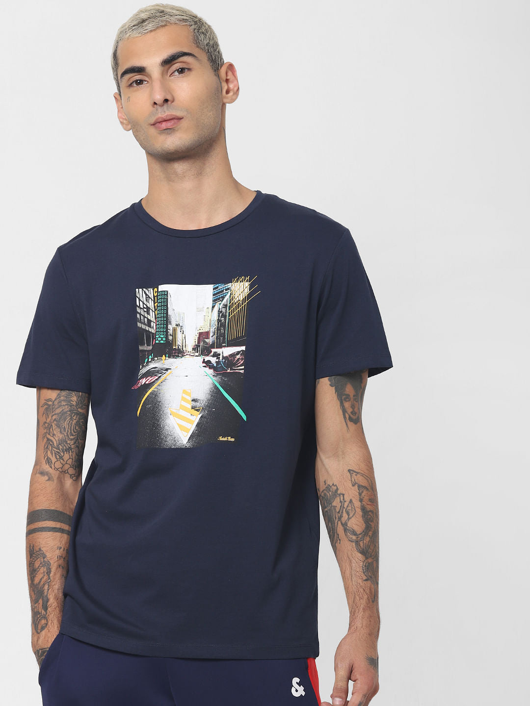 Navy Blue Graphic Print Crew Neck T-shirt