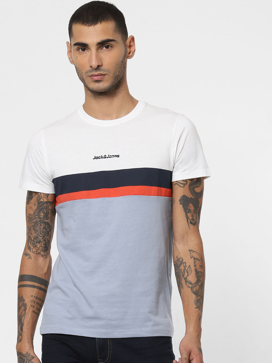 Blue Colourblocked Crew Neck T-shirt