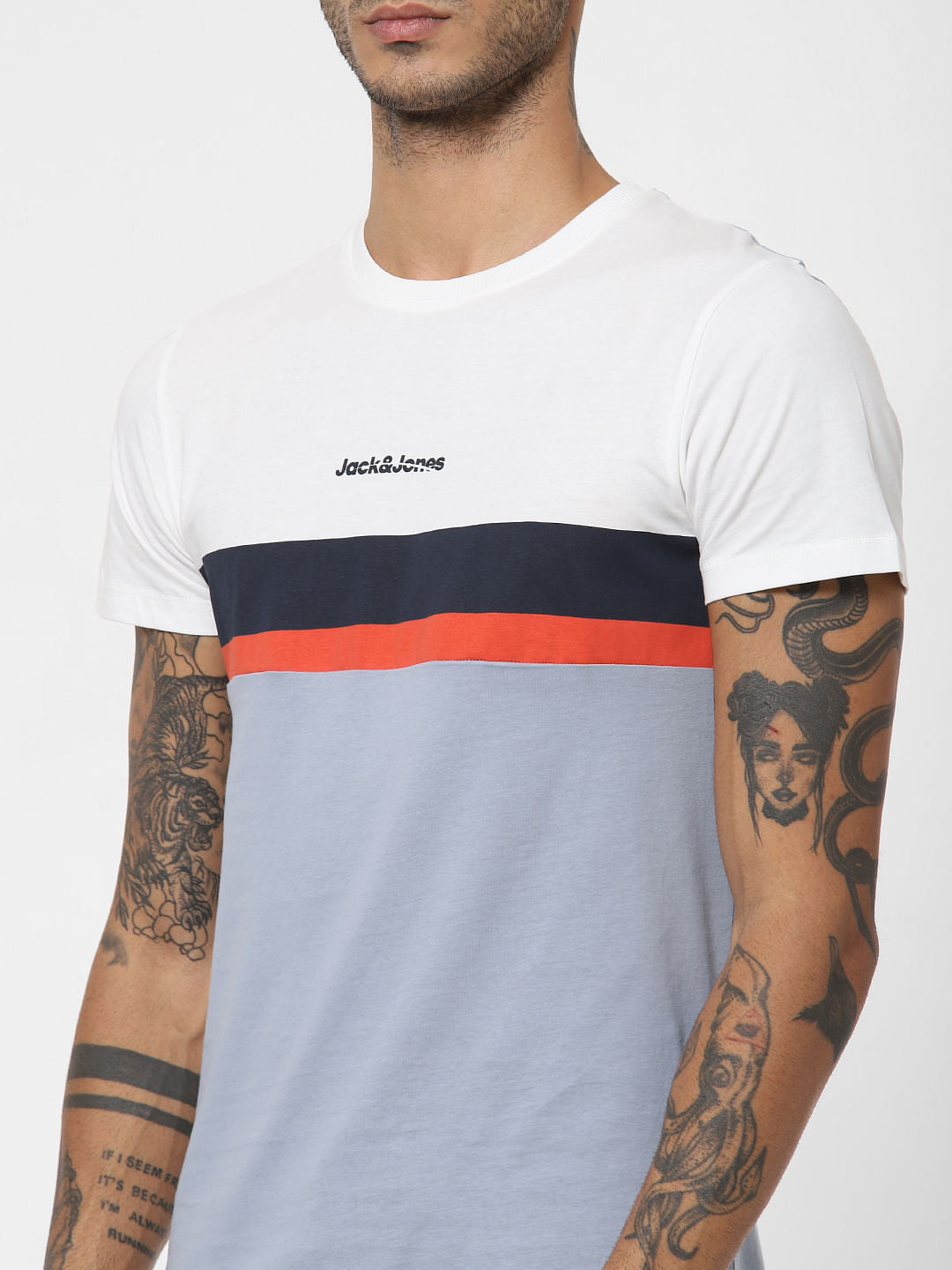 Blue Colourblocked Crew Neck T-shirt