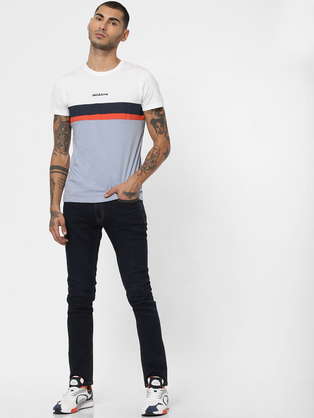 Blue Colourblocked Crew Neck T-shirt