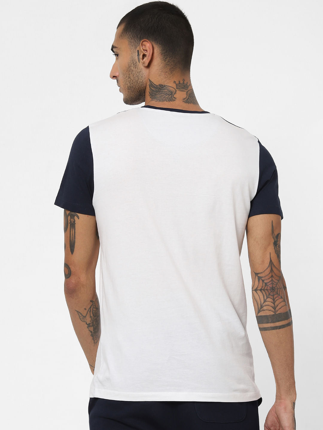 White Colourblocked Crew Neck T-shirt
