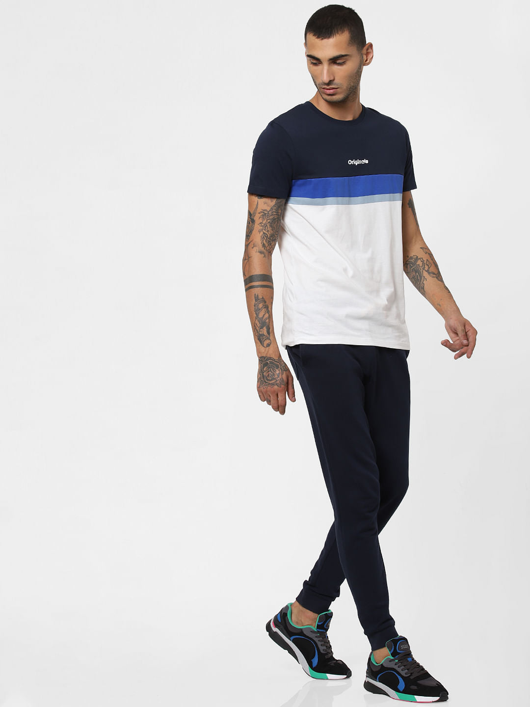 White Colourblocked Crew Neck T-shirt