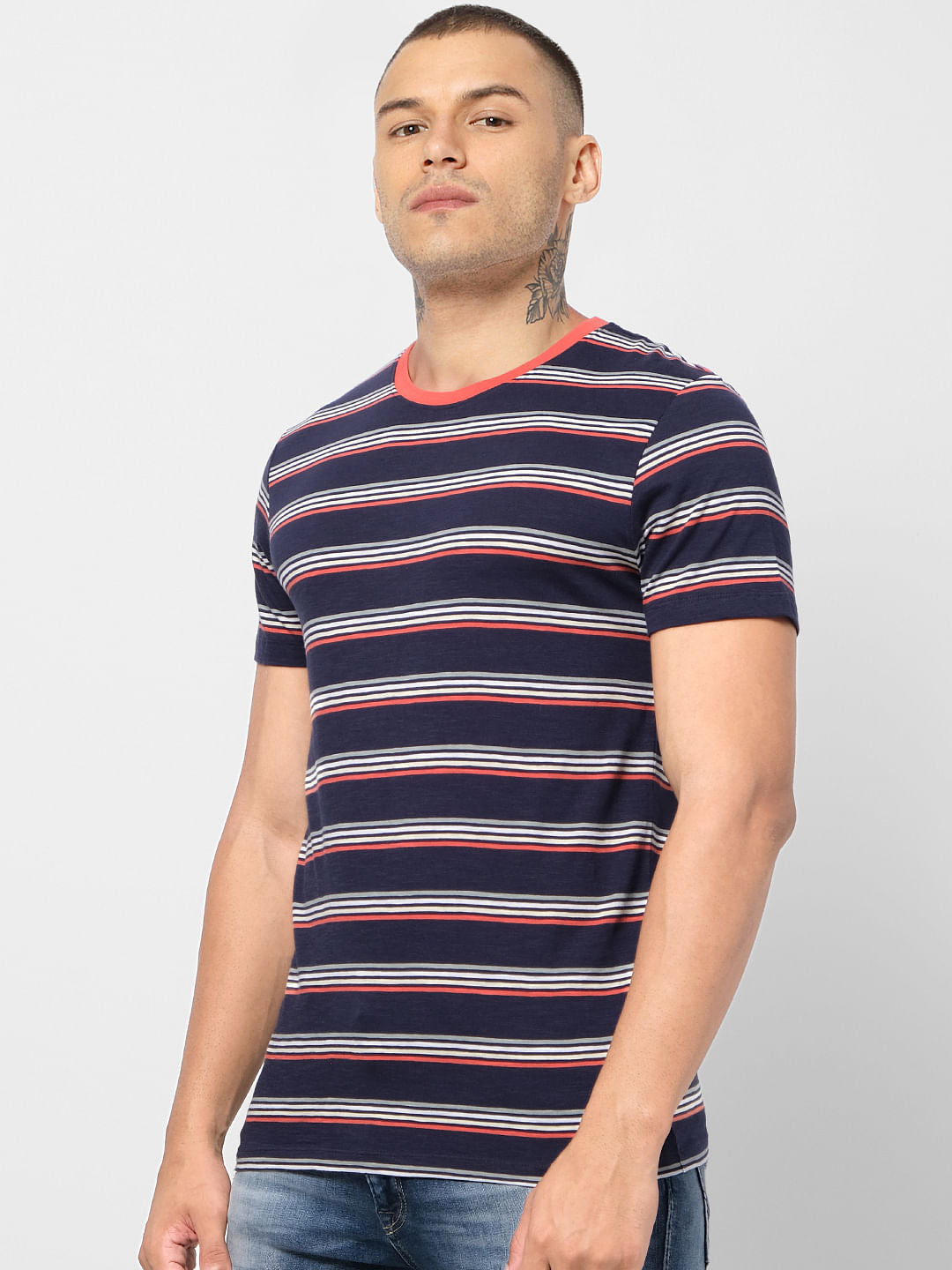 Blue Striped Crew Neck T-shirt