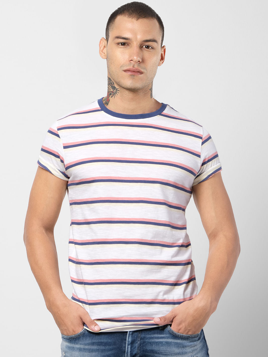 White Striped Crew Neck T-shirt