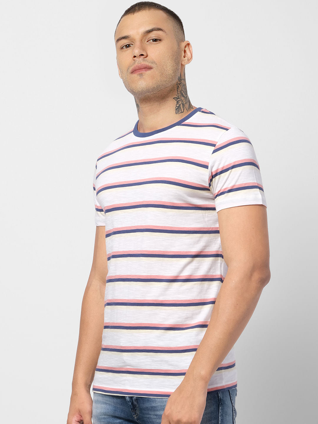 White Striped Crew Neck T-shirt