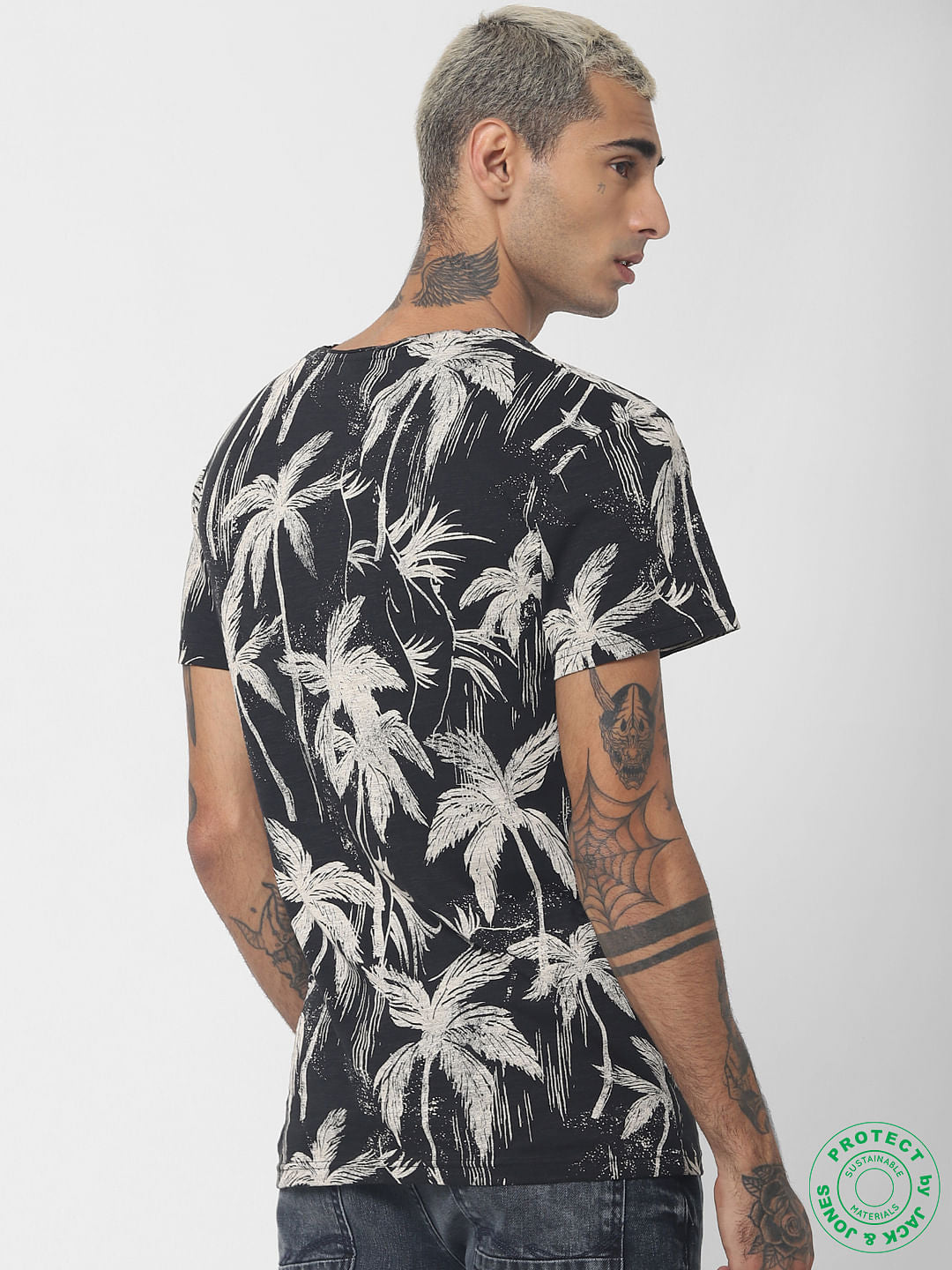 Black Tropical Print Crew Neck T-shirt