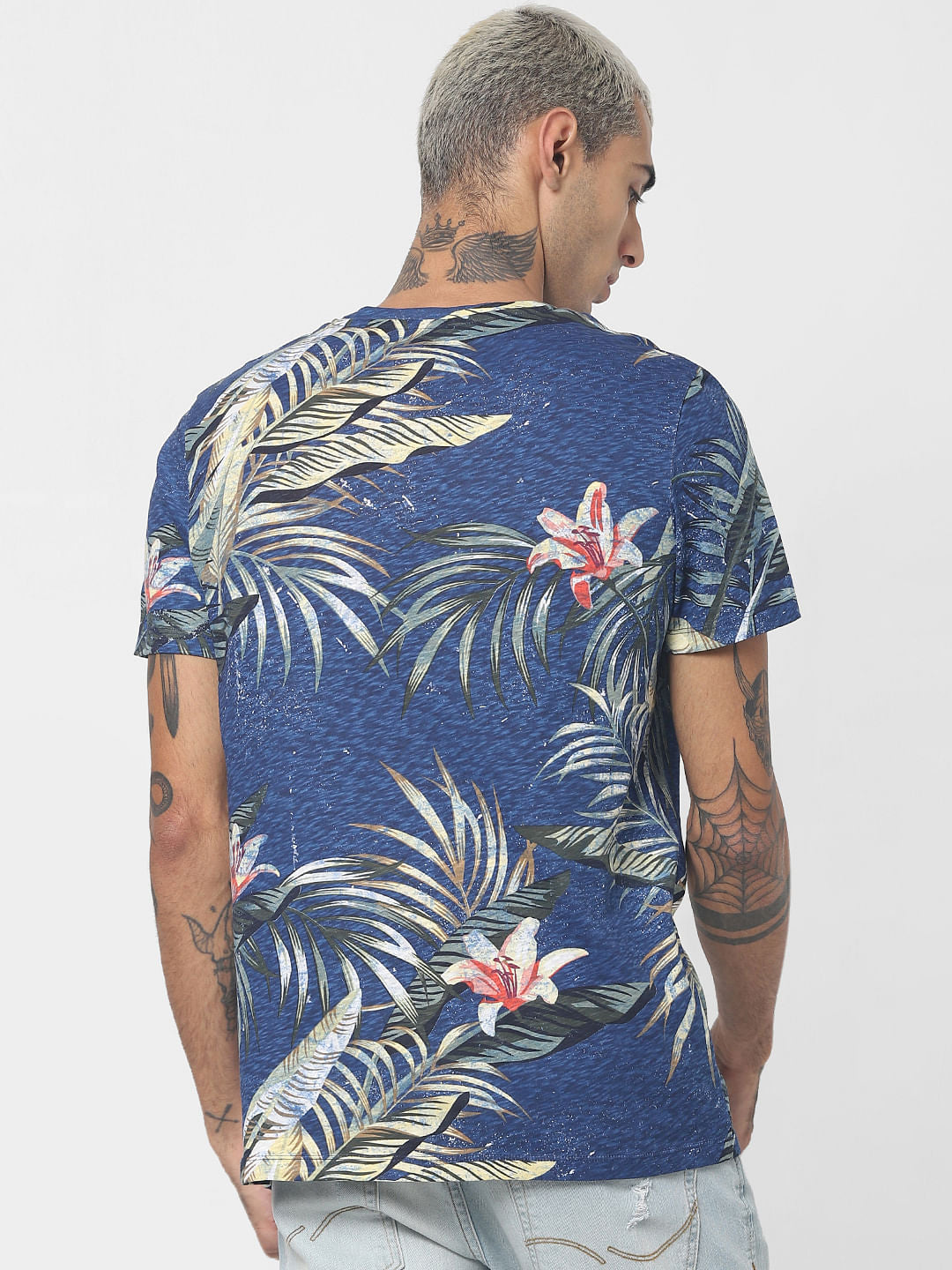 Blue Tropical Print Crew Neck T-shirt