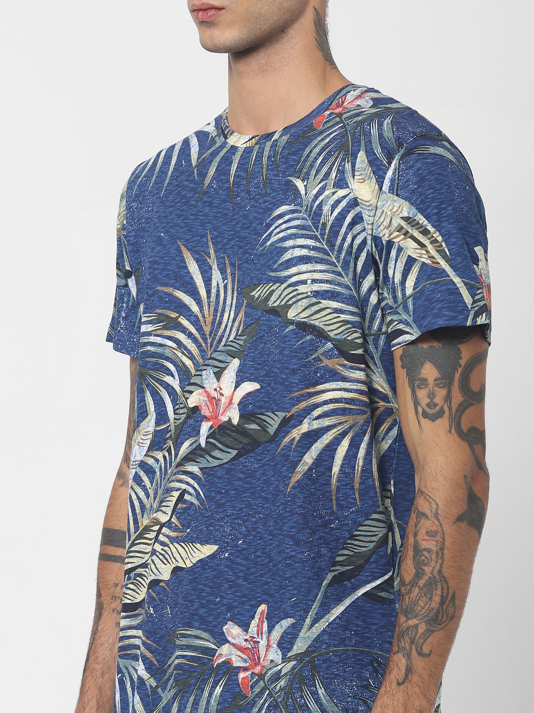 Blue Tropical Print Crew Neck T-shirt