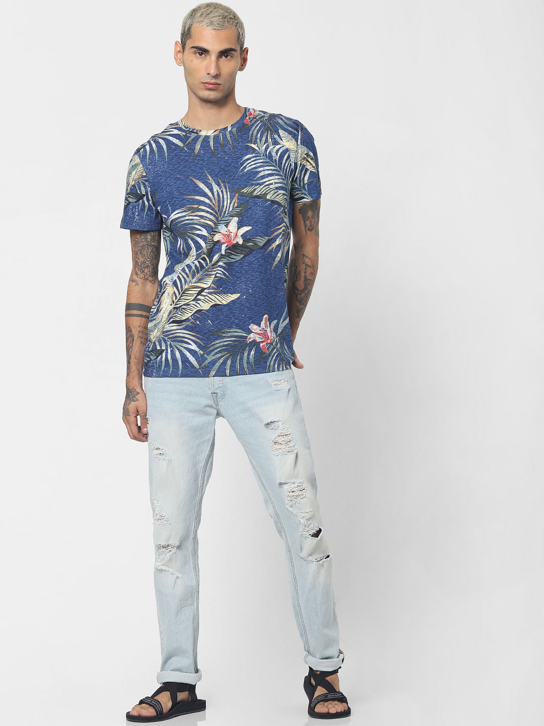 Blue Tropical Print Crew Neck T-shirt