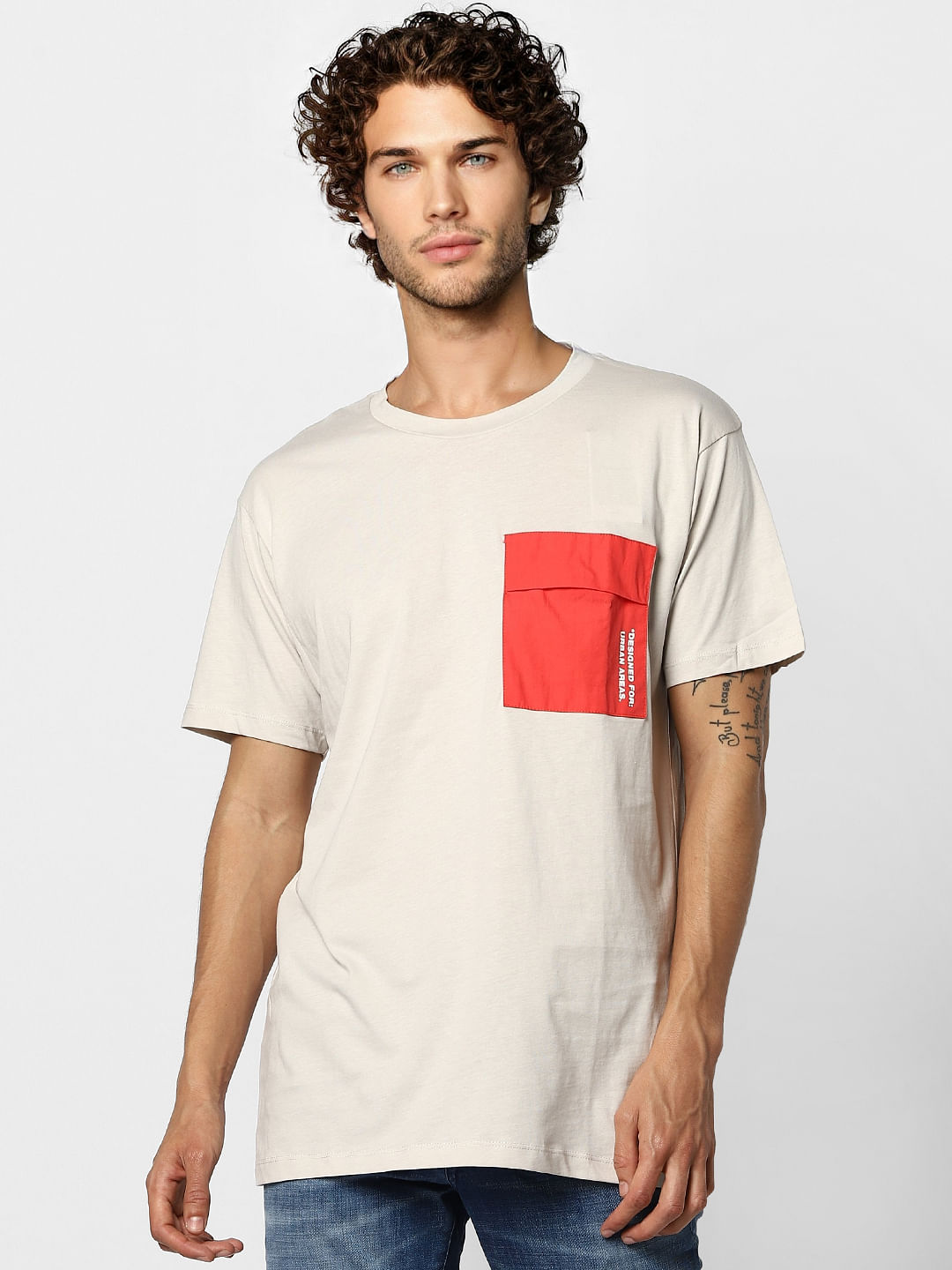 Beige Patch Pocket Crew Neck T-shirt