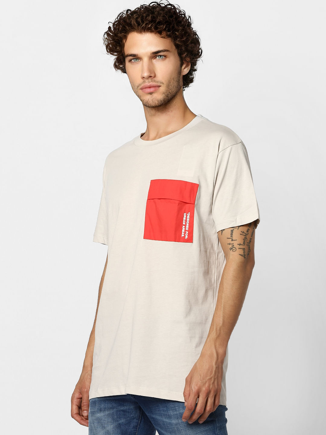 Beige Patch Pocket Crew Neck T-shirt