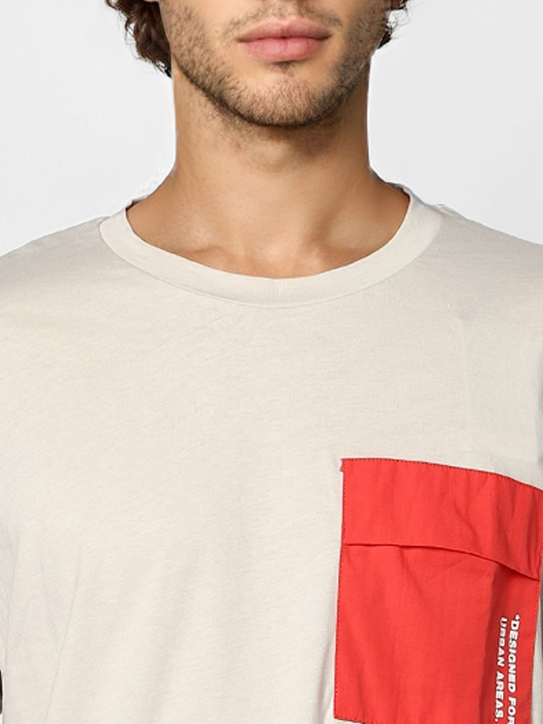 Beige Patch Pocket Crew Neck T-shirt