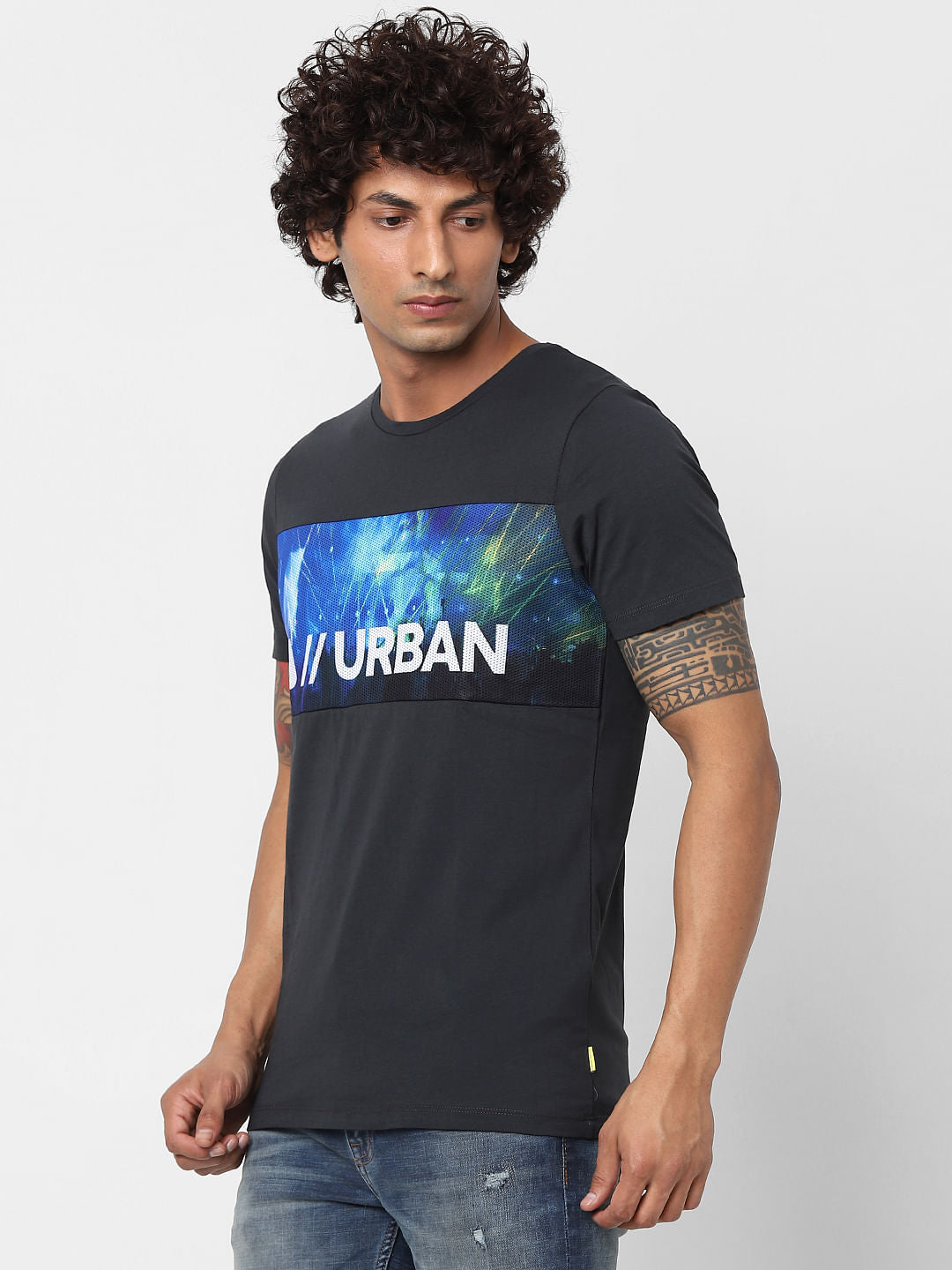 Black Text Print Crew Neck T-shirt