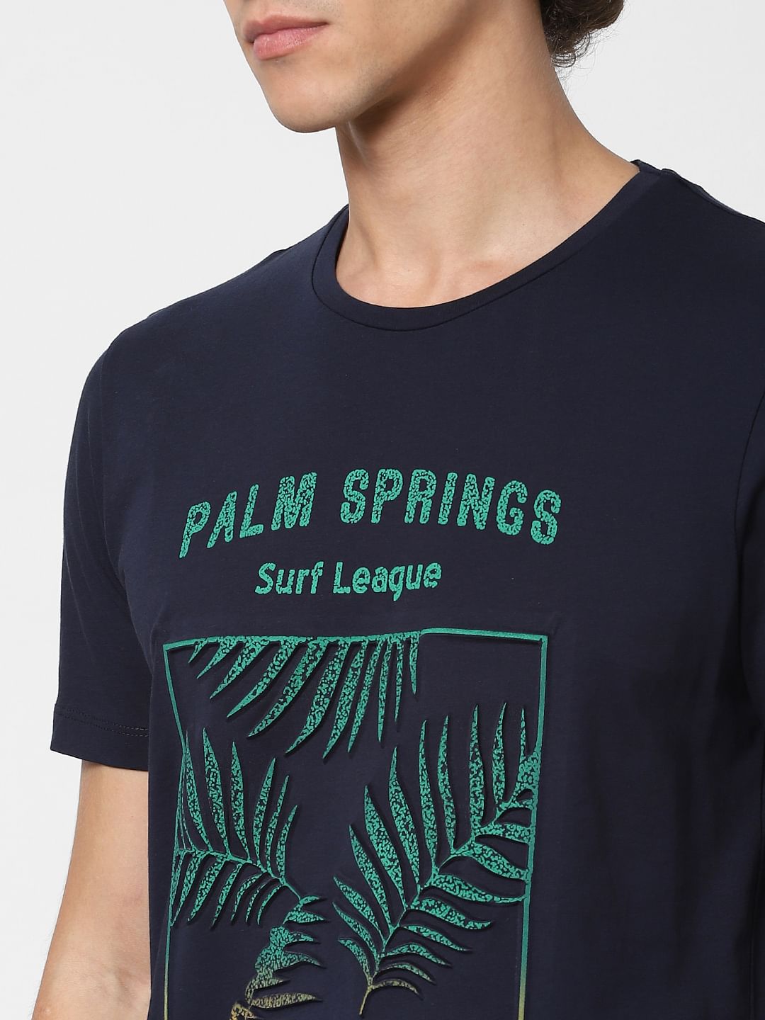 Navy Blue Tropical Print Crew Neck T-shirt
