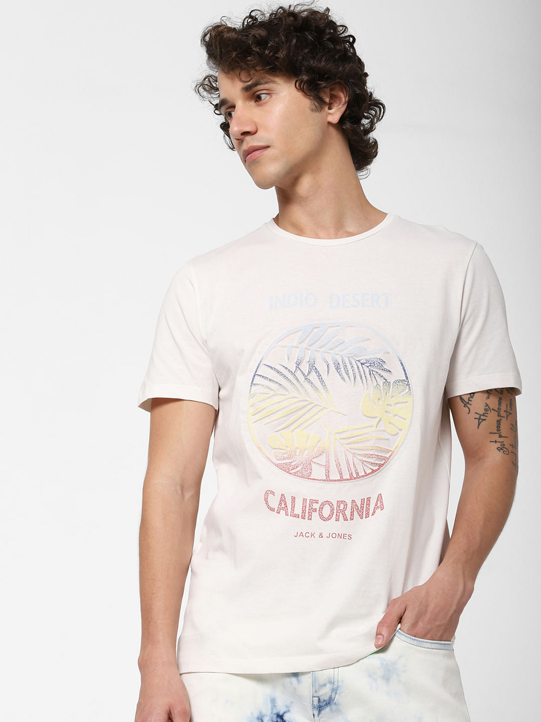 White Tropical Print Crew Neck T-shirt