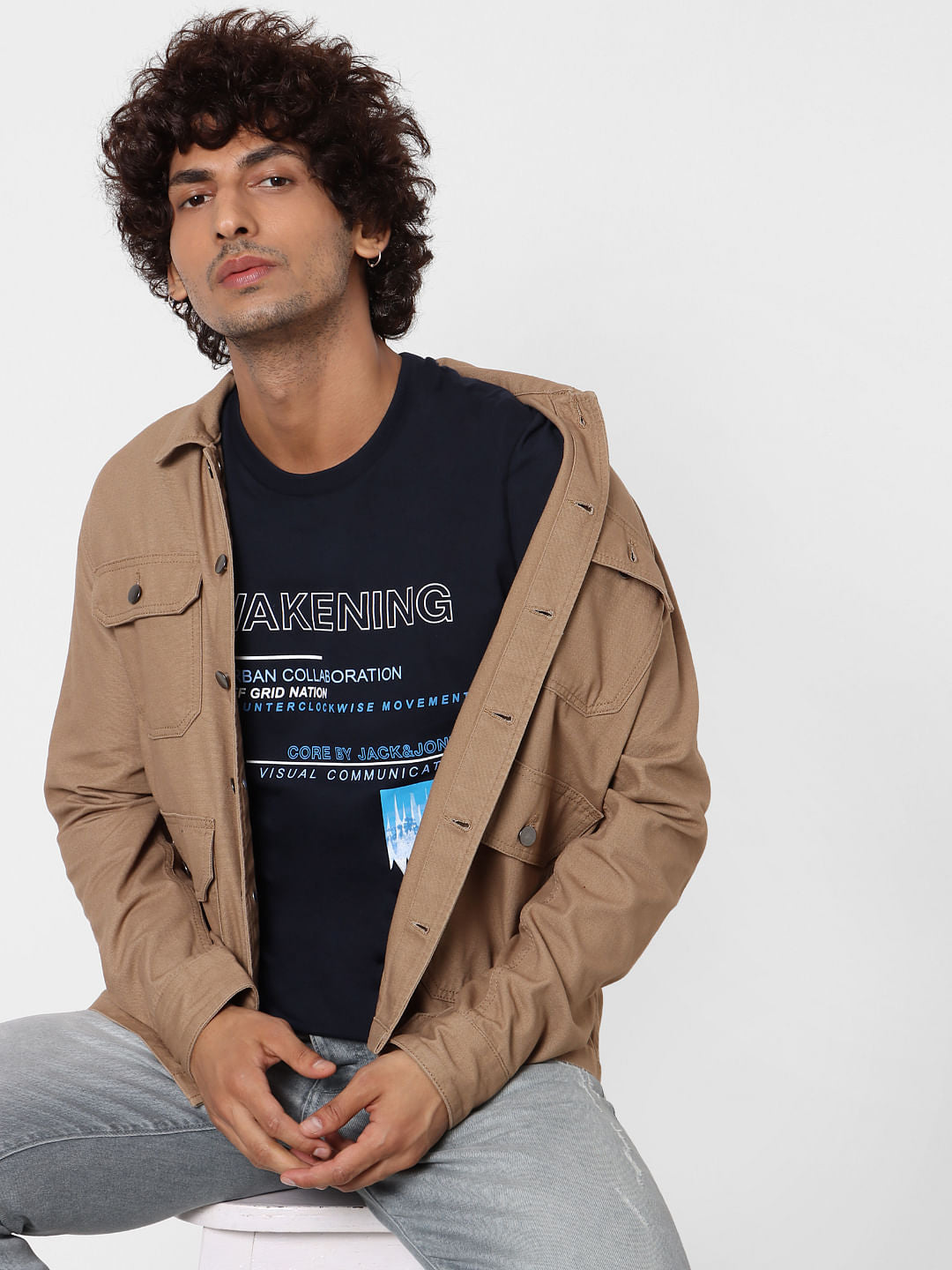 Dark Blue Text Print Crew Neck T-shirt